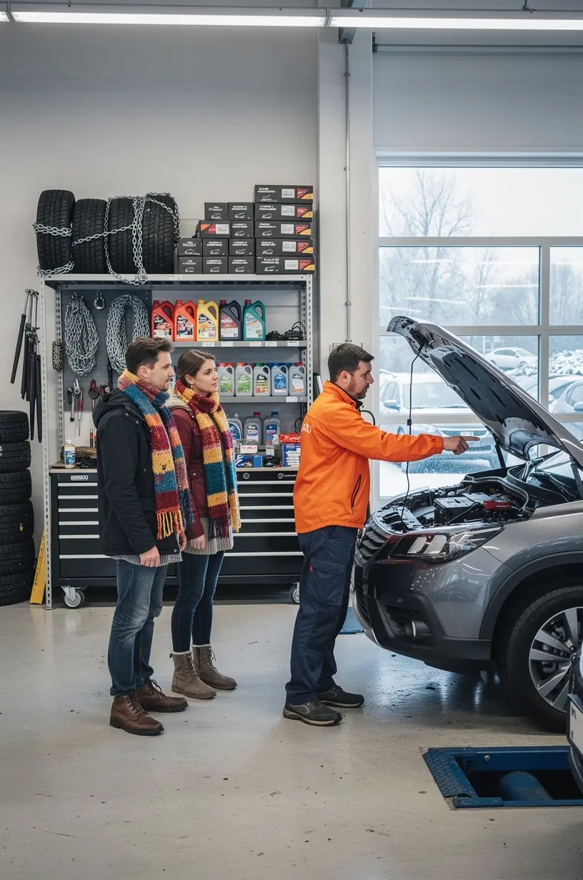 Fachmann füllt Frostschutzmittel in Kühlsystem eines Fahrzeugs in Autowerkstatt.