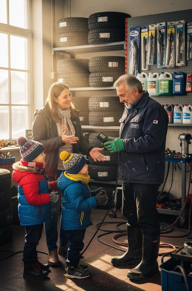 Notfallausrüstung wie Abschleppseil und Warnweste werden für den Wintereinsatz im Auto vorbereitet und kontrolliert.